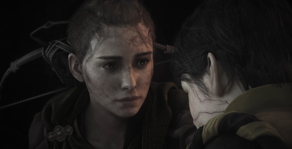 woman with scars gazes at boy