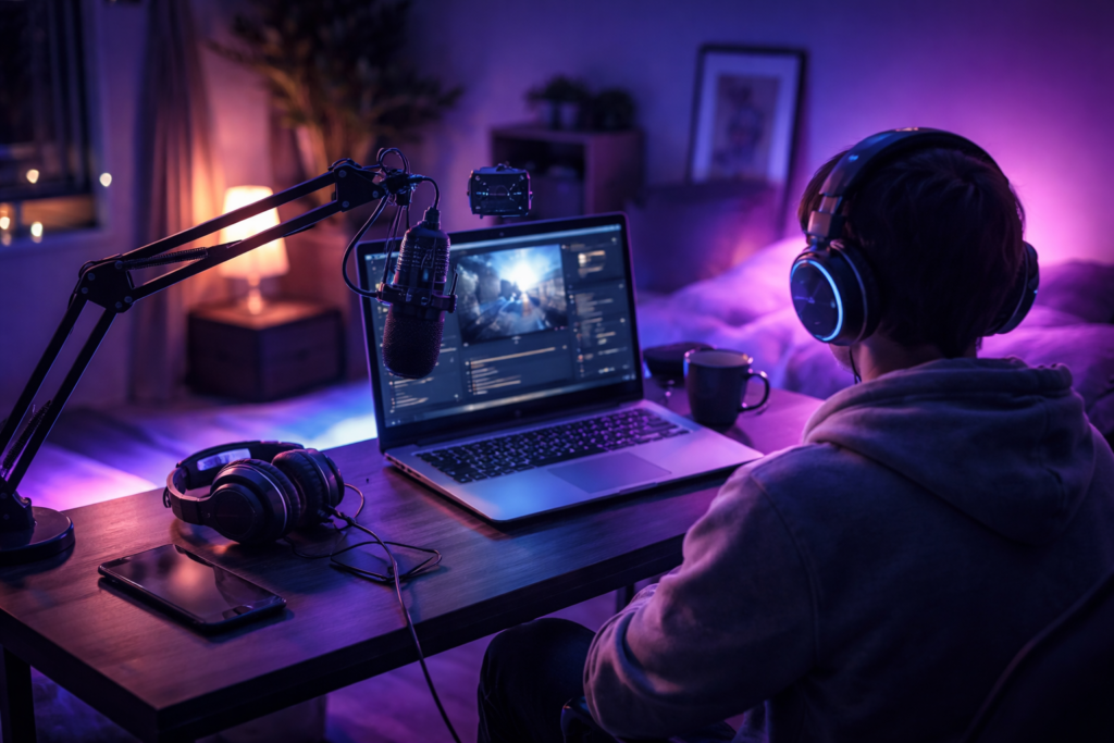 Person wearing headphones streaming on laptop at desk