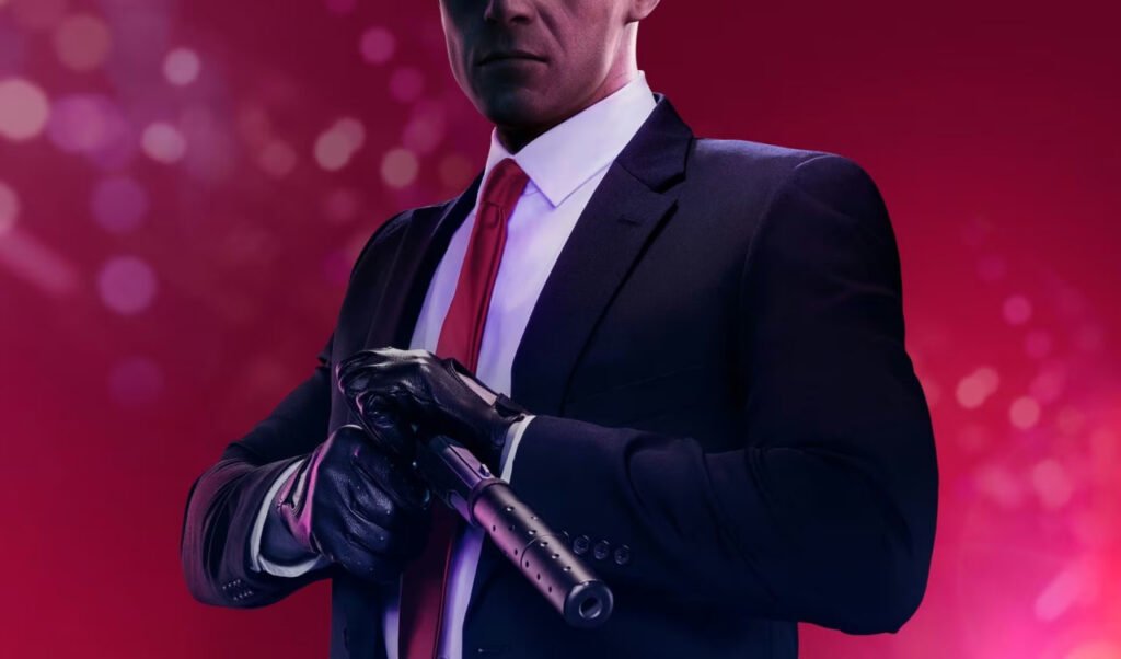 Agent 47 from Hitman holding silenced pistol, red background
