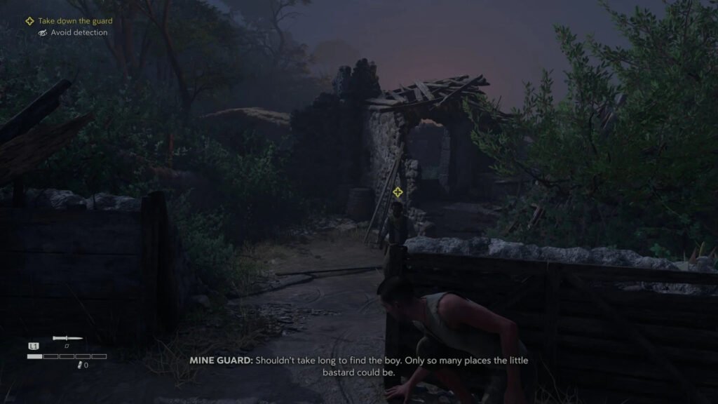 Player crouches behind wall near guard at ruins