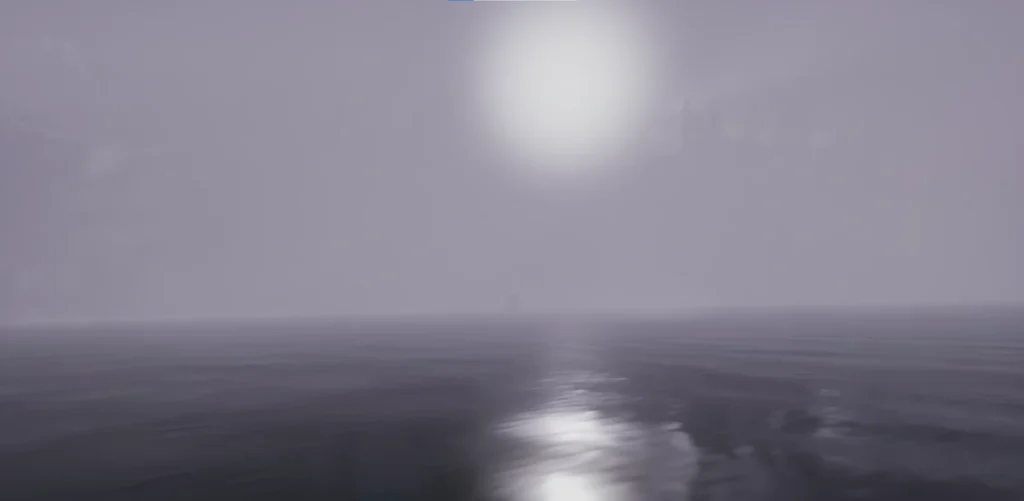 Sun reflecting on calm water in heavy fog