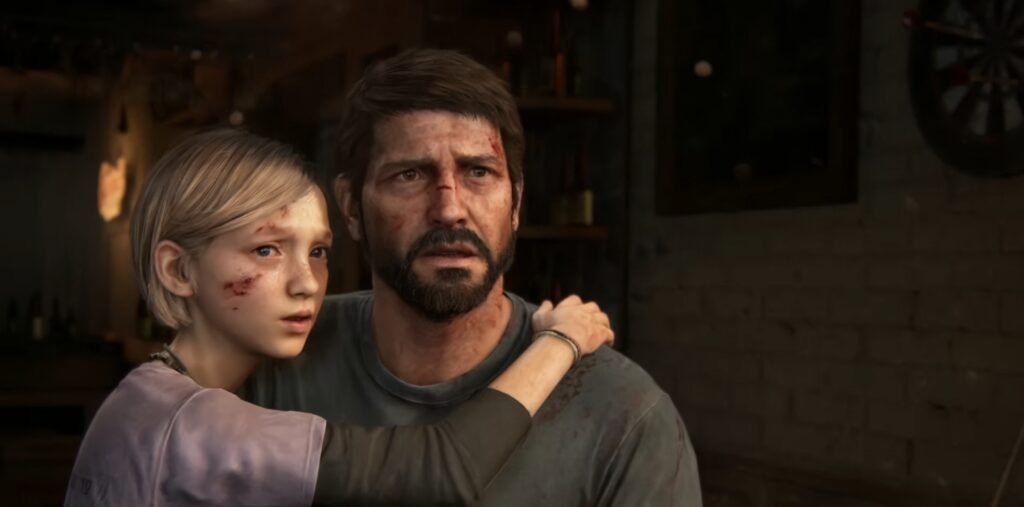 Ellie hugs Joel in The Last of Us indoors