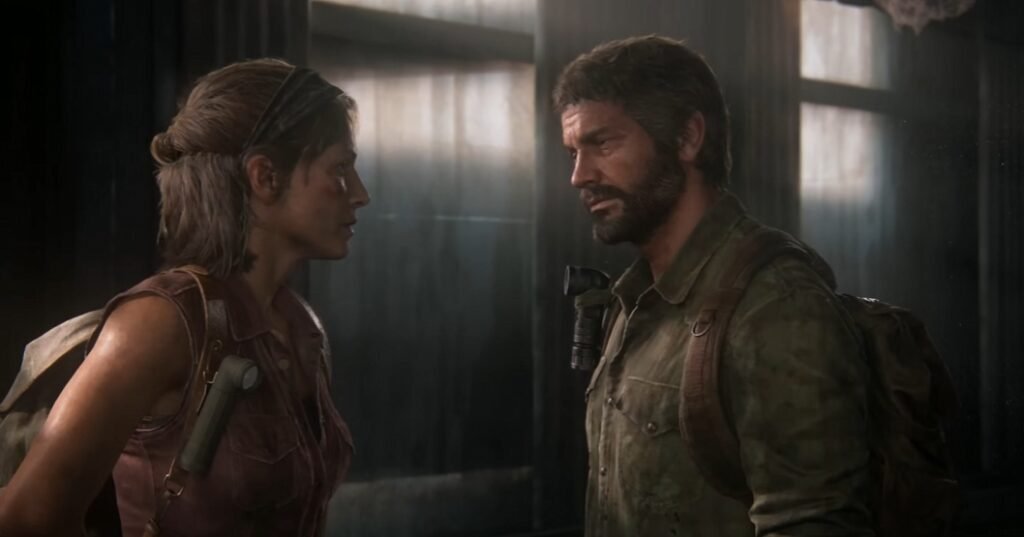 Joel and Tess talk indoors in The Last of Us