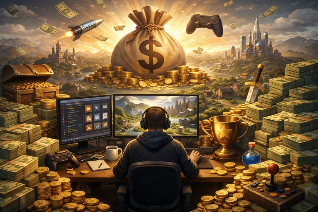 Gamer at desk amid money stacks and coins