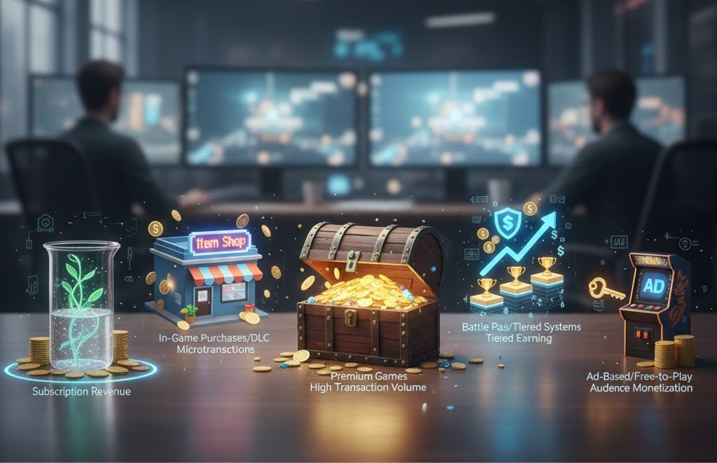 Gaming monetization icons displayed on desk in office