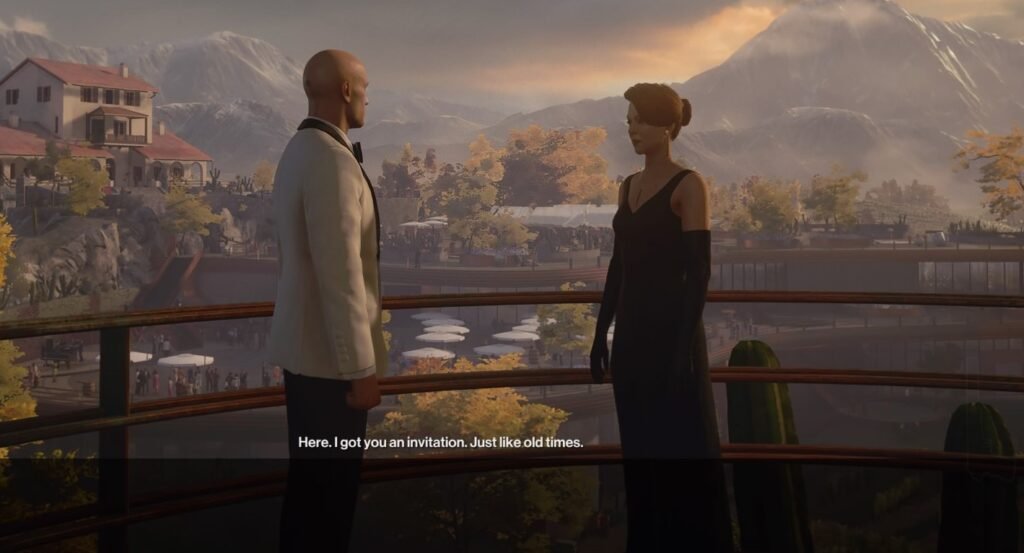 Agent 47 talks to woman on balcony at sunset