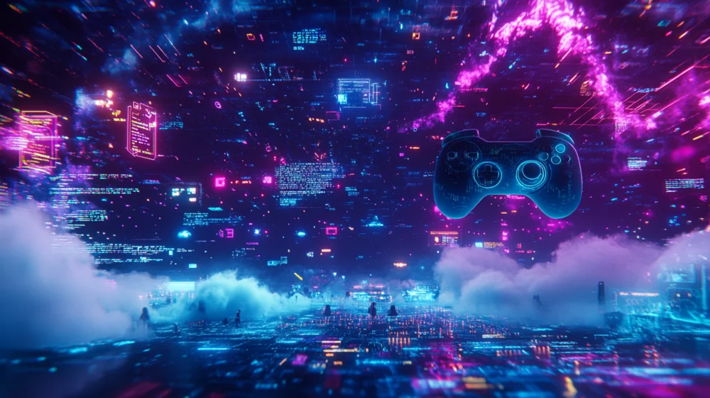 Glowing game controller floating in neon digital space