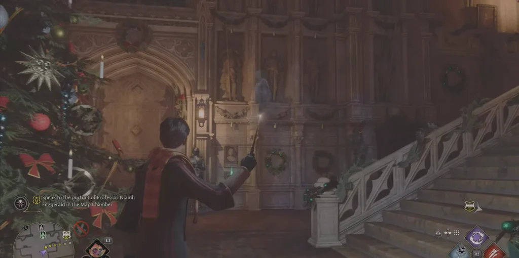 Hogwarts Legacy player casts spell near Christmas tree indoors