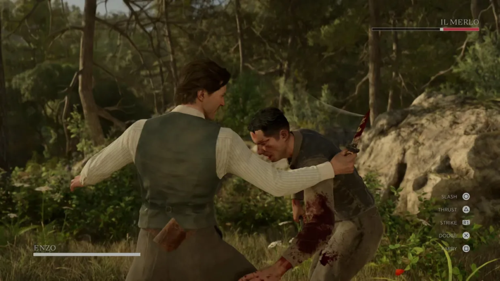 Enzo stabs Il Merlo in forest clearing