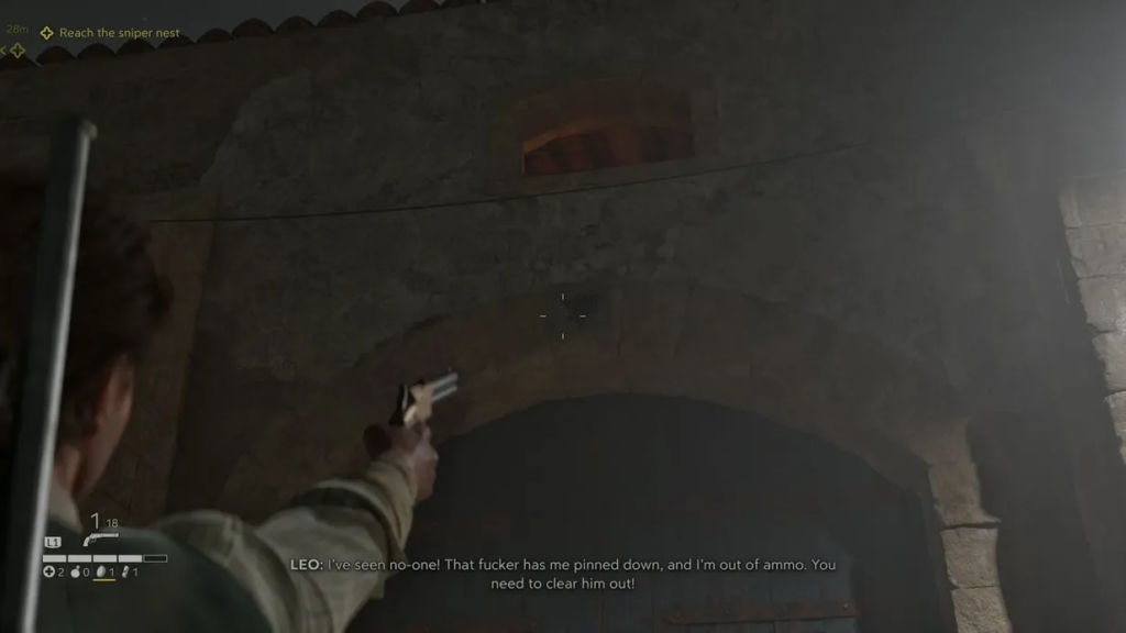 Player aiming pistol at stone archway in game
