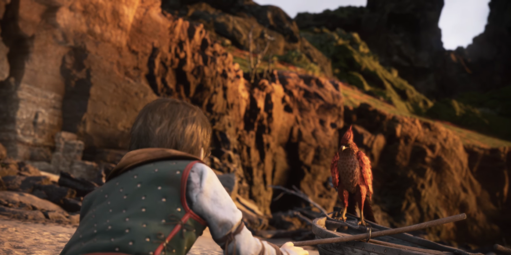 Man watching red bird on cliffside path