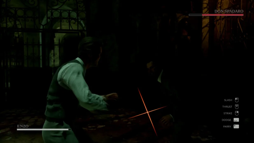 Enzo fighting Don Spadaro in dark courtyard