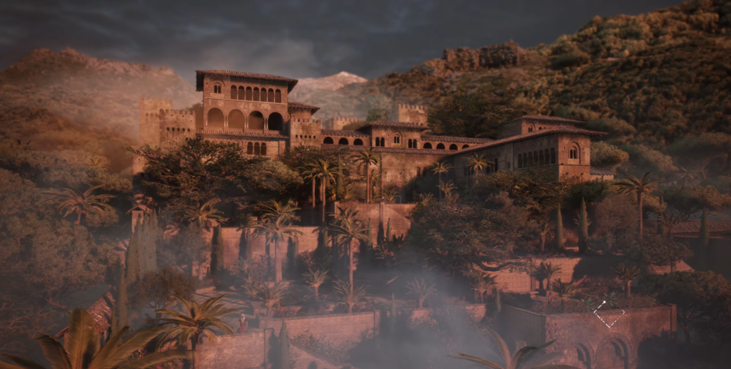 Ancient castle surrounded by lush greenery and mist.