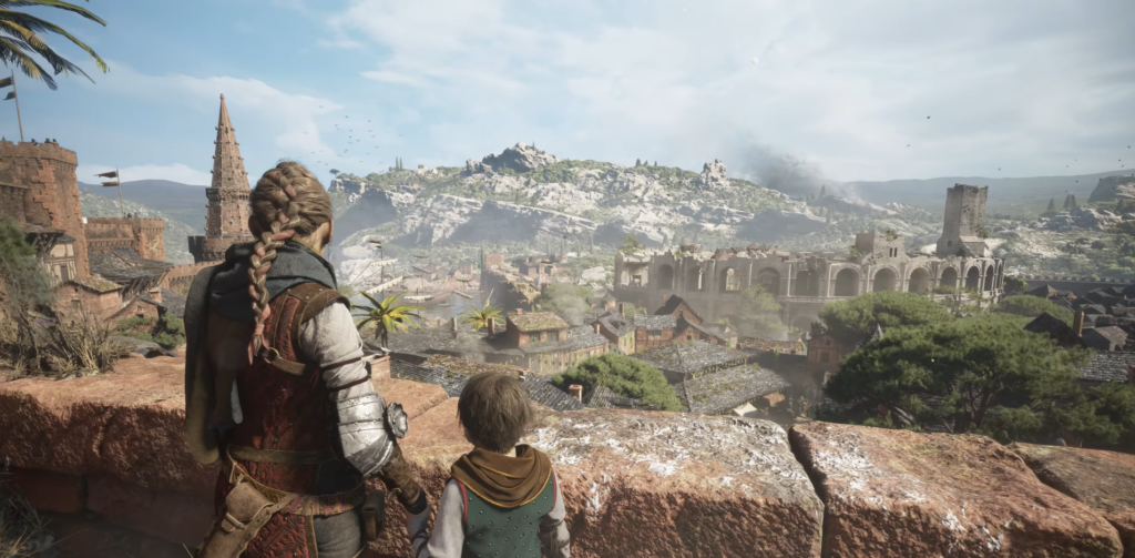 Amicia and Hugo, A Plague Tale, overlooking medieval city