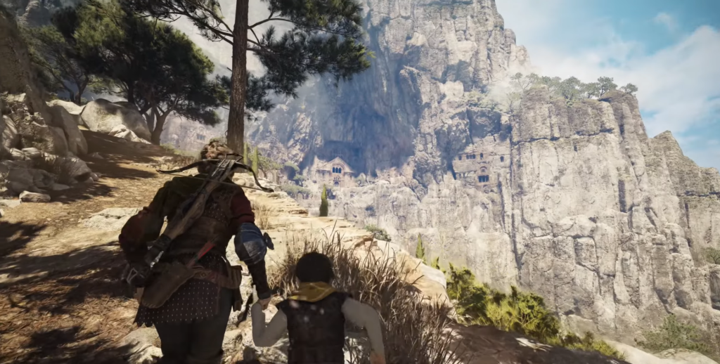 Characters walking towards a mountain village.