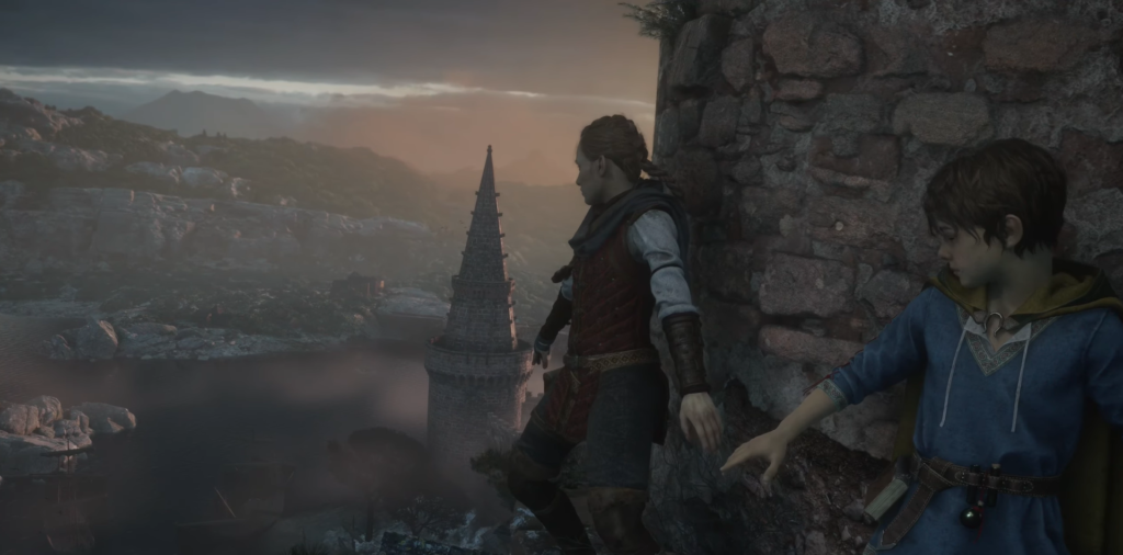 Amicia and Hugo hide by stone wall overlooking tower