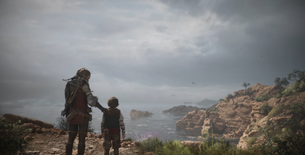 Amicia and Hugo overlooking rocky coastline, cloudy sky.