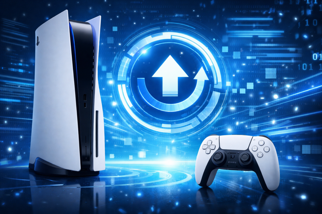 PlayStation 5 console and DualSense controller on blue background