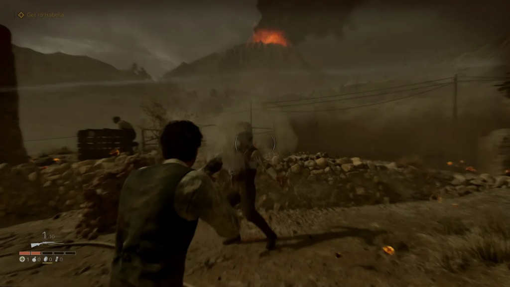 Player aims rifle at enemy near stone wall