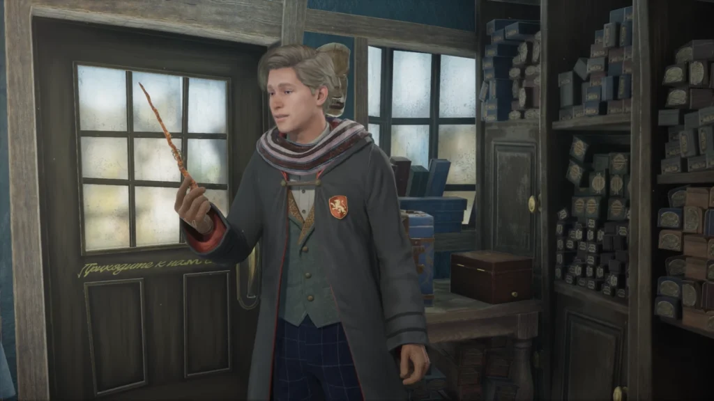 Hogwarts Legacy student holding wand inside Ollivanders shop