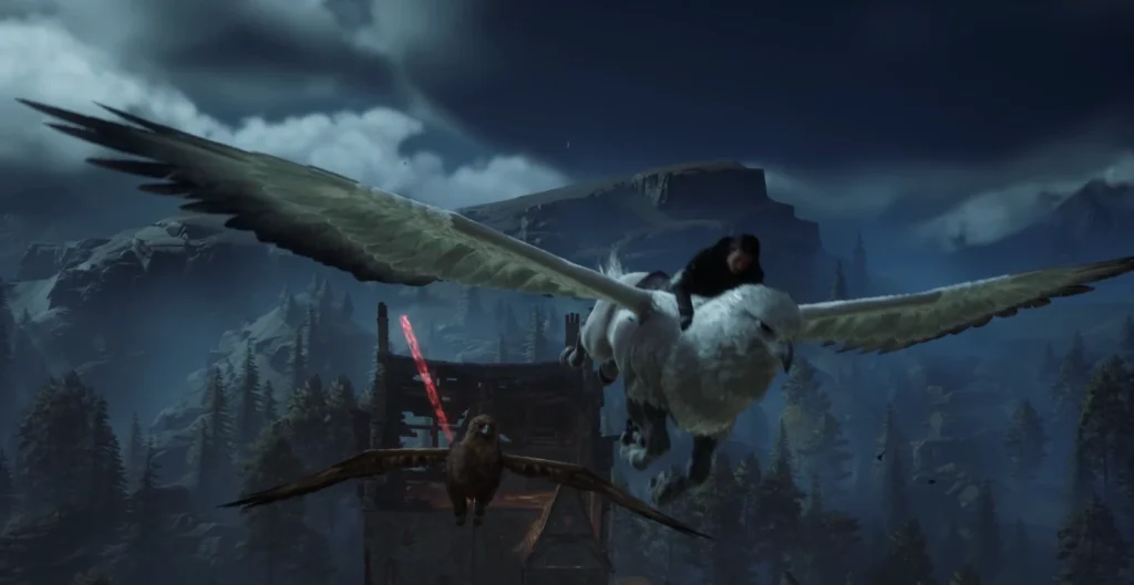 Rider flying white hippogriff over mountains at night