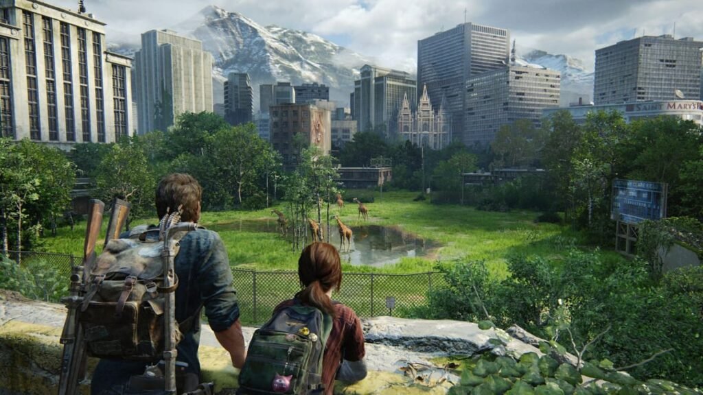 Joel and Ellie from The Last of Us overlooking city park