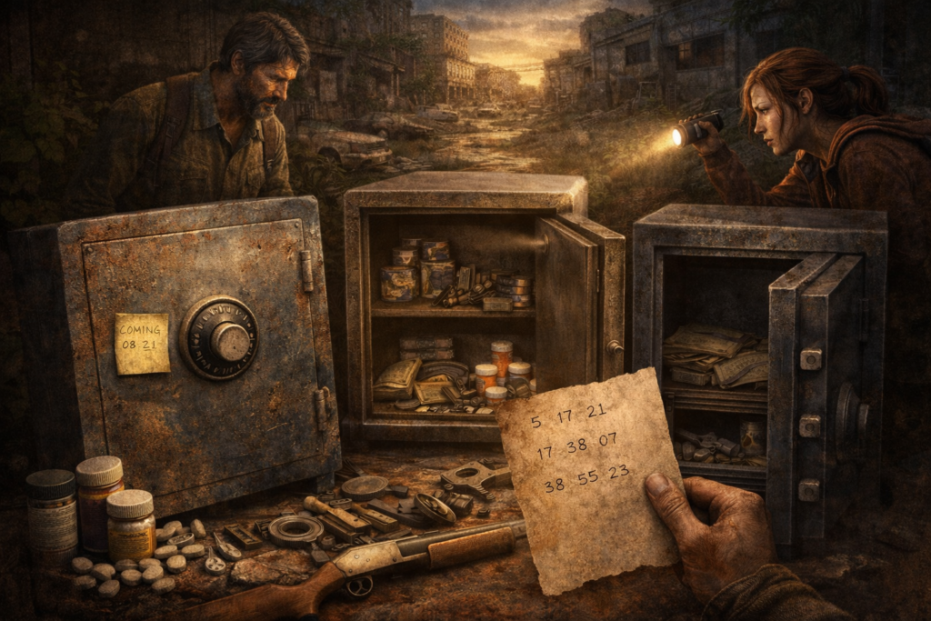 Joel and Ellie search open safes in The Last of Us