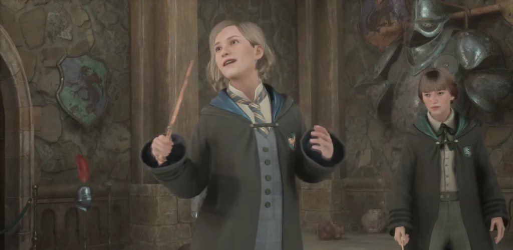 Hogwarts Legacy students holding wands in stone hall