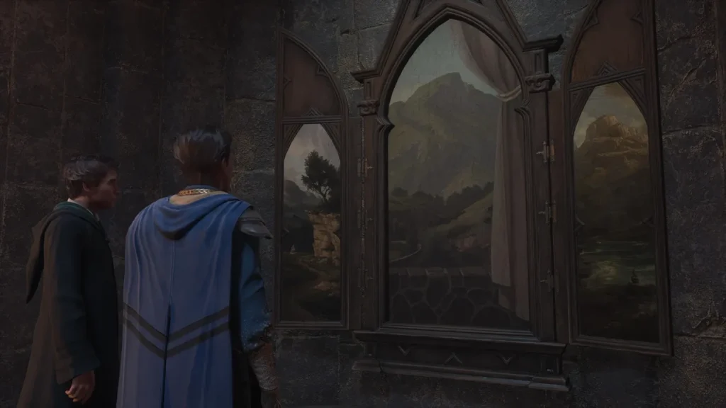Two students look through castle windows at mountains
