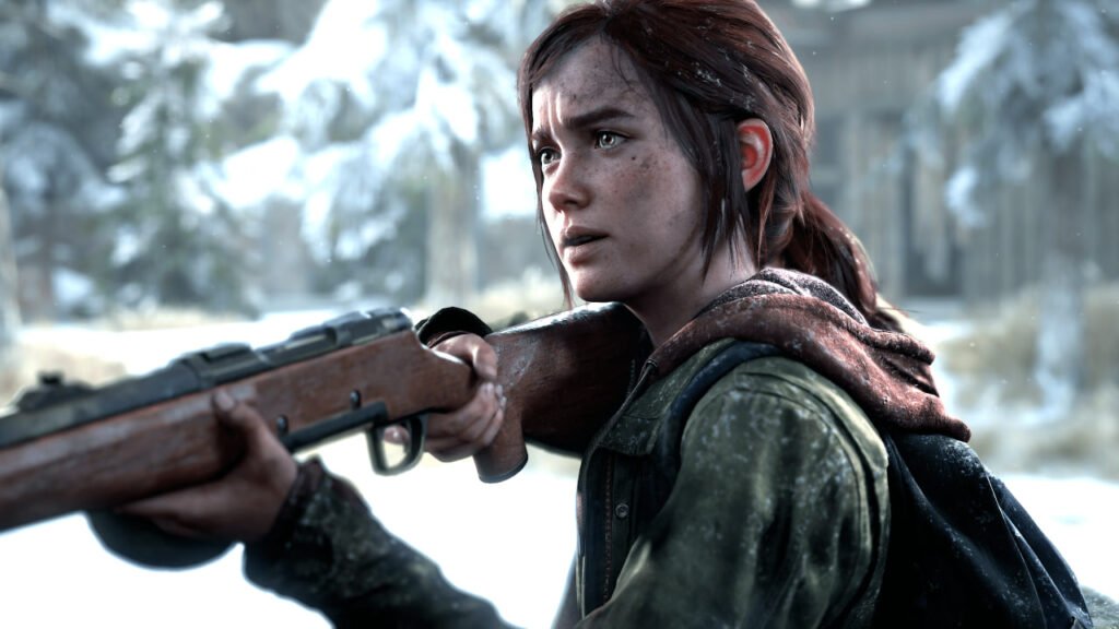 Ellie from The Last of Us aiming rifle outdoors