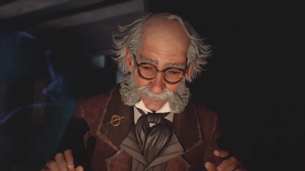 Baldur's Gate 3 gnome speaks indoors wearing glasses