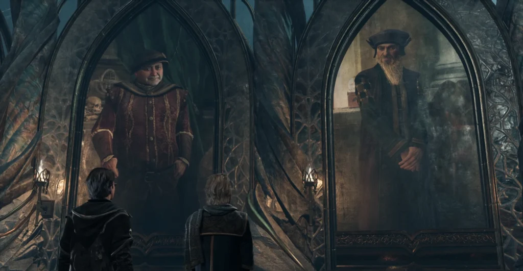 Two Hogwarts Legacy students viewing portraits in Hogwarts corridor