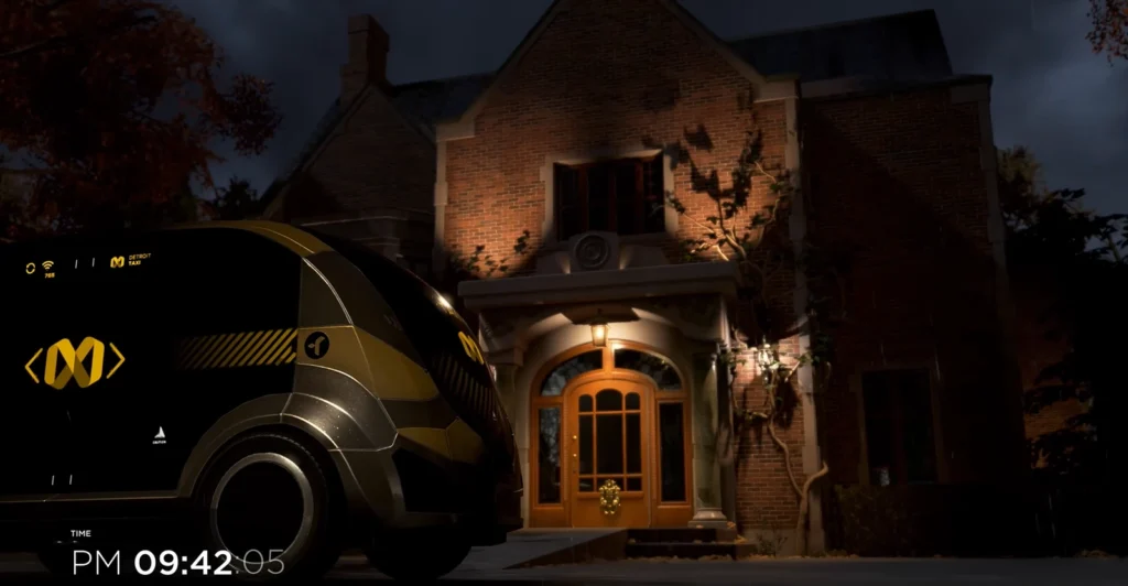 Black taxi parked outside brick house at night