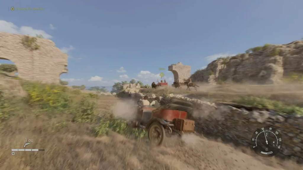 Car chasing horse riders through dusty ruins landscape