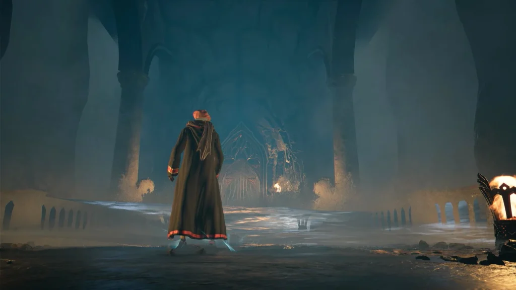 Hogwarts Legacy wizard walks toward door in dark hall