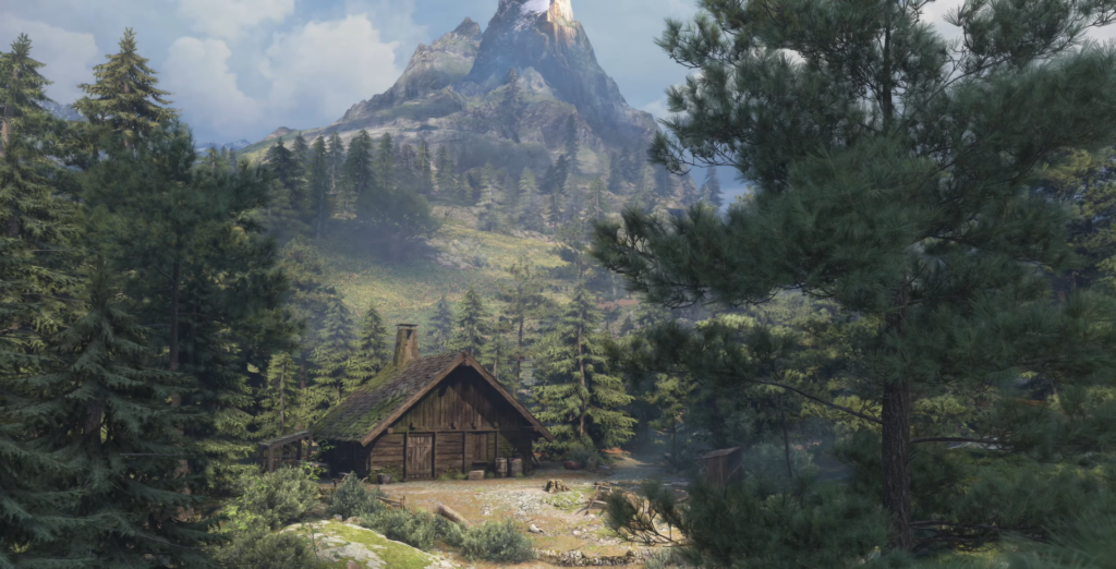 Wooden cabin surrounded by lush trees.