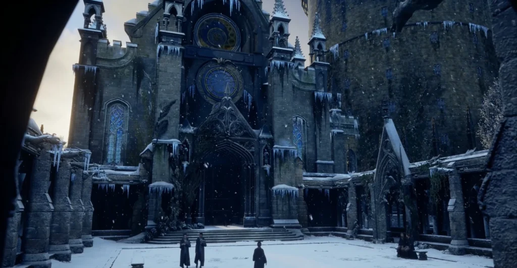 Students stand in snowy Hogwarts courtyard before castle entrance