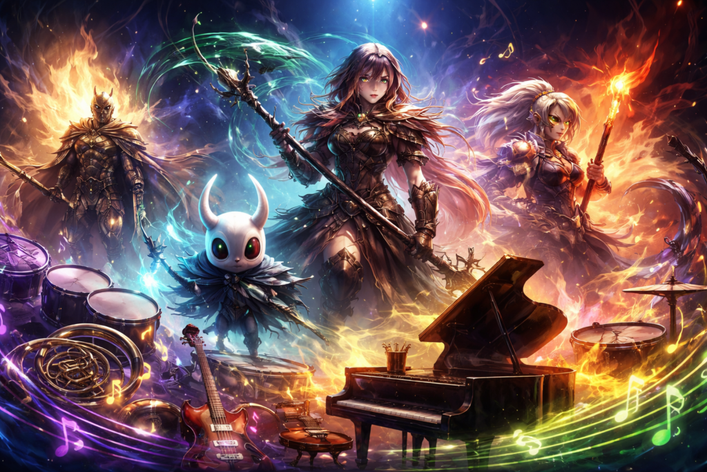 Fantasy warriors holding staffs amid swirling magic and instruments