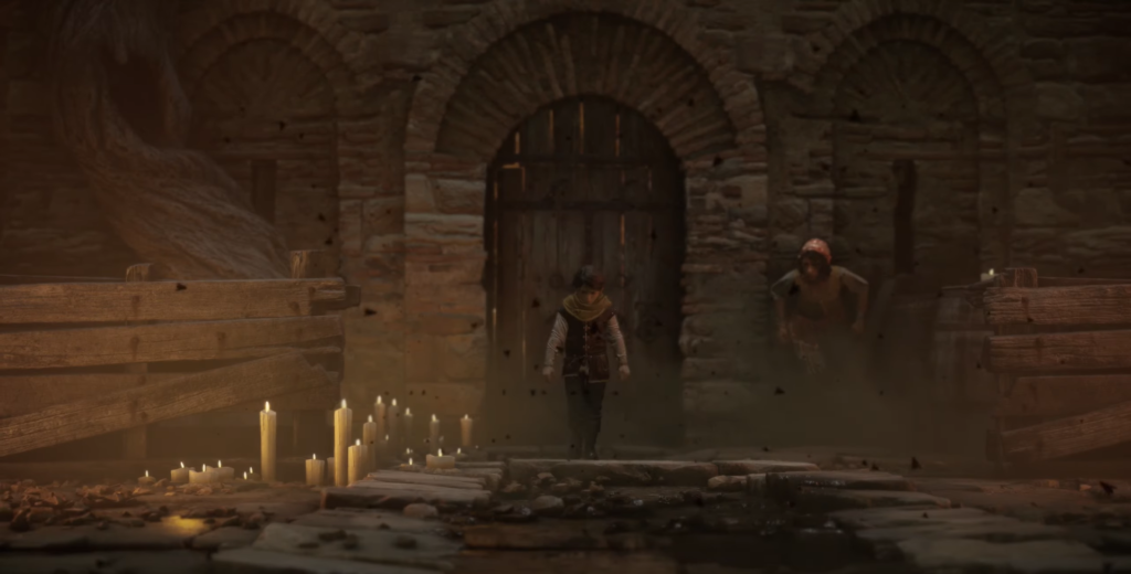 Child walks towards a wooden door in shadows.