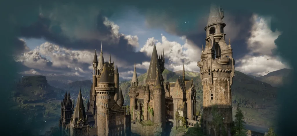 Hogwarts Castle from Harry Potter overlooking mountains under clouds