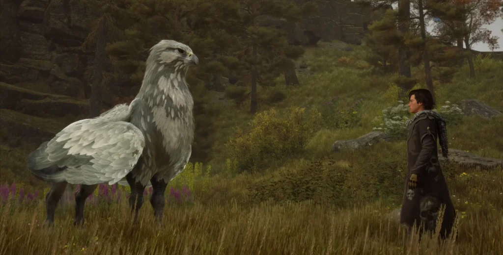 Wizard faces hippogriff in grassy forest clearing