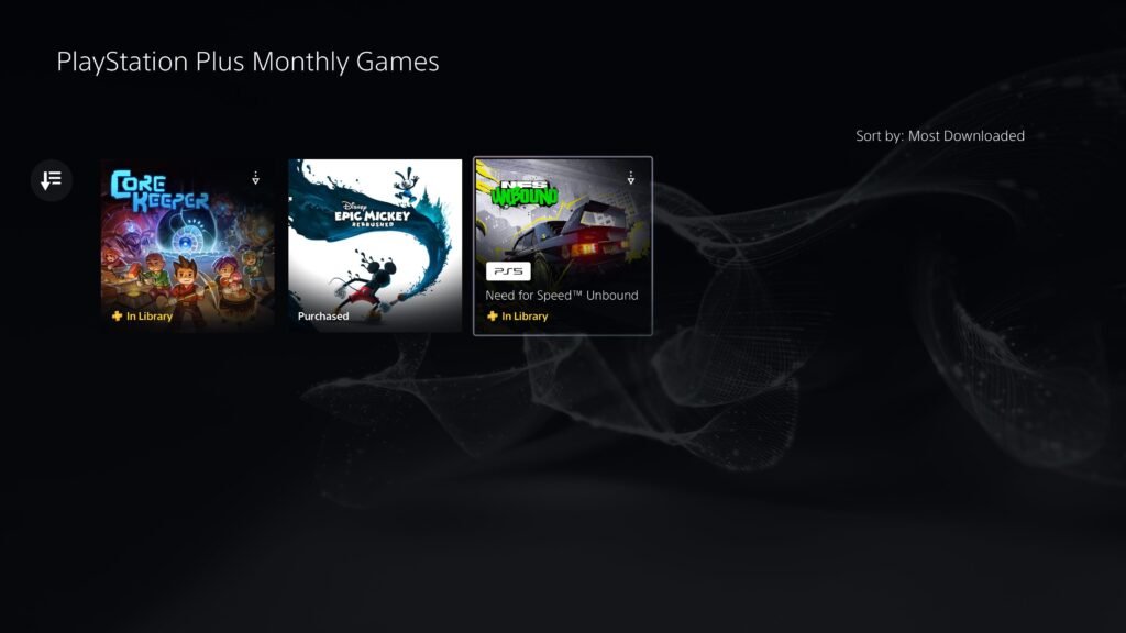PlayStation Plus monthly games menu showing three titles