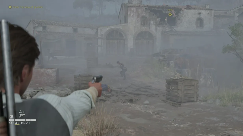 Man aiming pistol at enemy in foggy courtyard