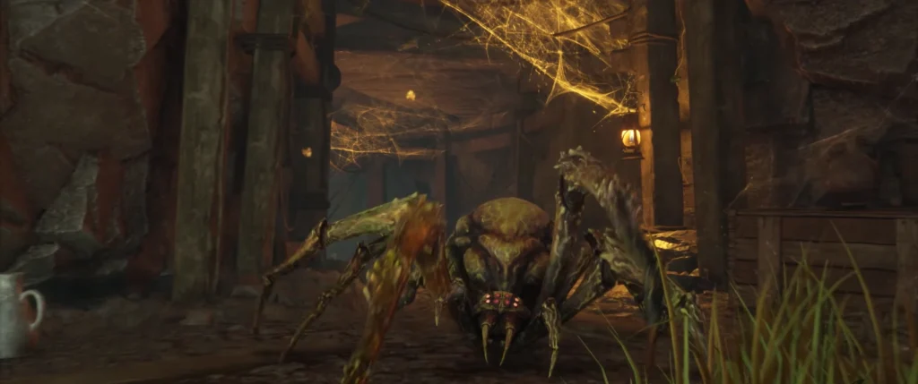 Giant spider crawling through wooden mine tunnel