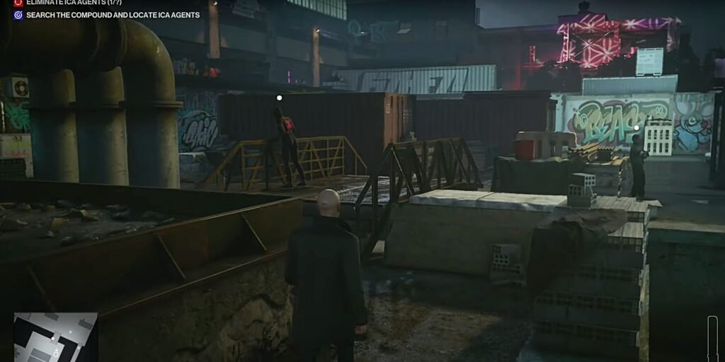 Agent 47 sneaks through graffiti warehouse in Hitman