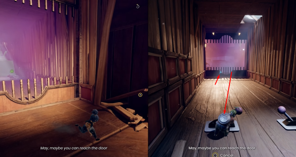 It Takes Two characters reaching door in wooden hallway