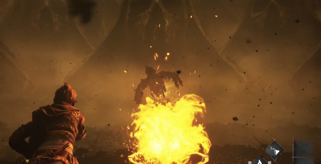 Character facing fiery creature in darkness.