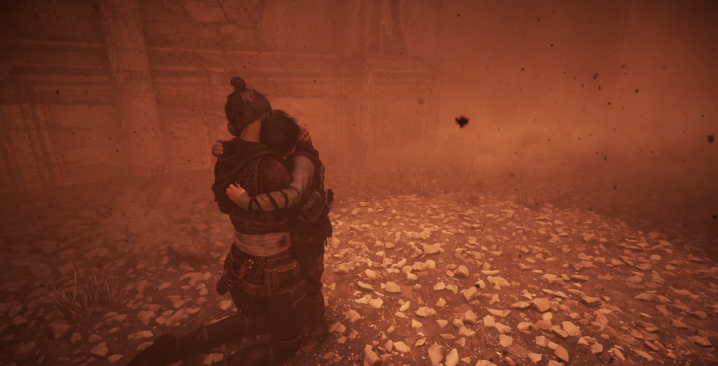 two characters embracing in dusty environment
