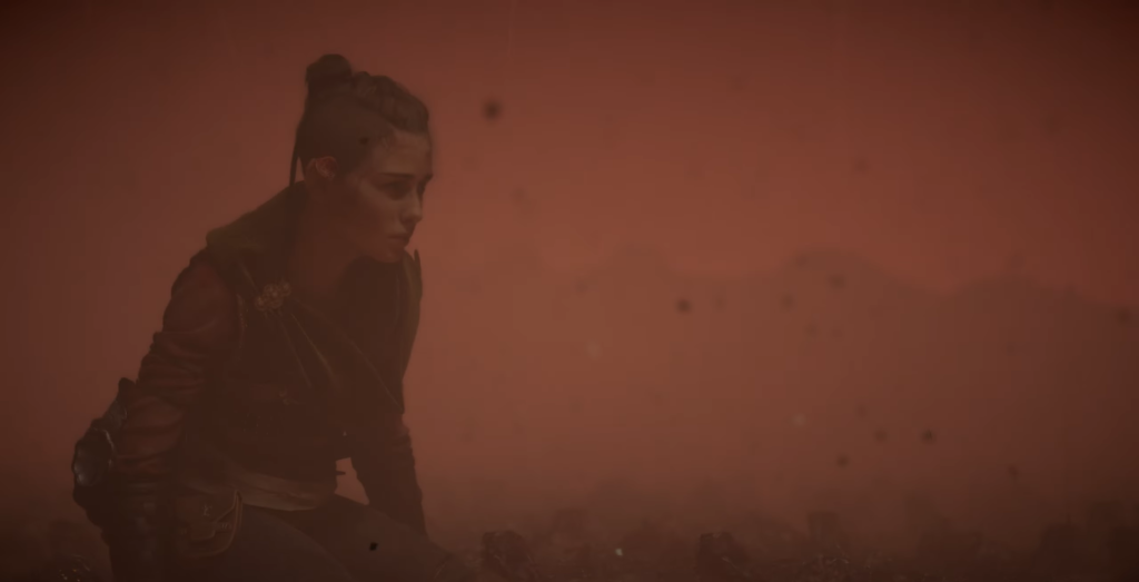 woman sitting in red smoky landscape