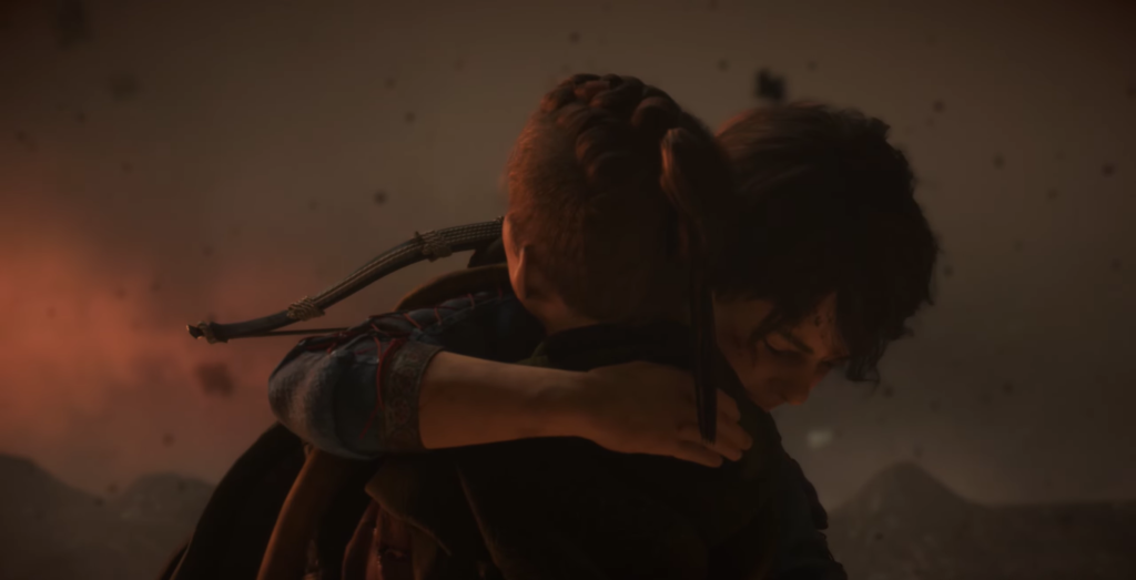 two characters embracing amidst smoke